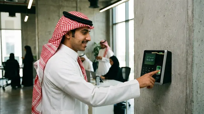 موظف يسجّل حضوره على جهاز البصمة
