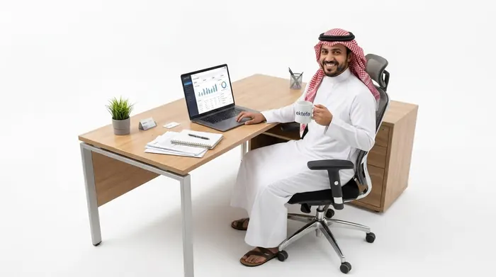 مسؤول موارد بشرية يستخدم اكتفاء على حاسبه المحمول